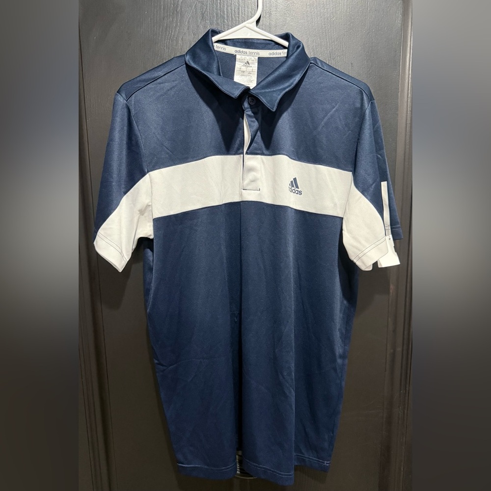 Adidas Shirt Men Large White Blue Striped Aeroready Polo Golf Tennis